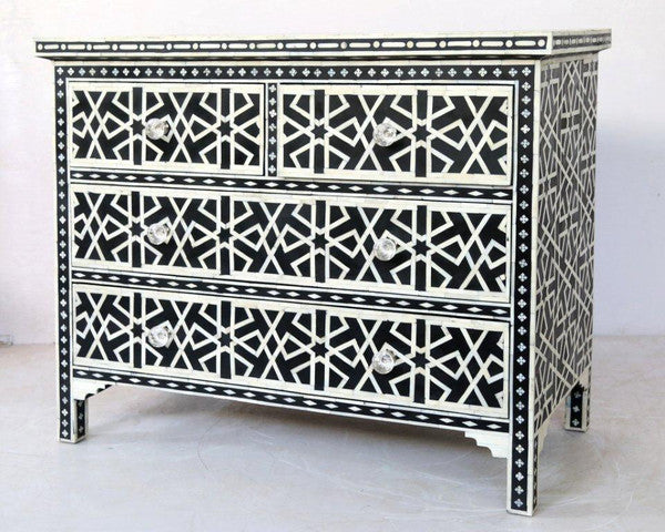 Black Bone Inlay Chest Of 4 Drawer Star Geometrical Design