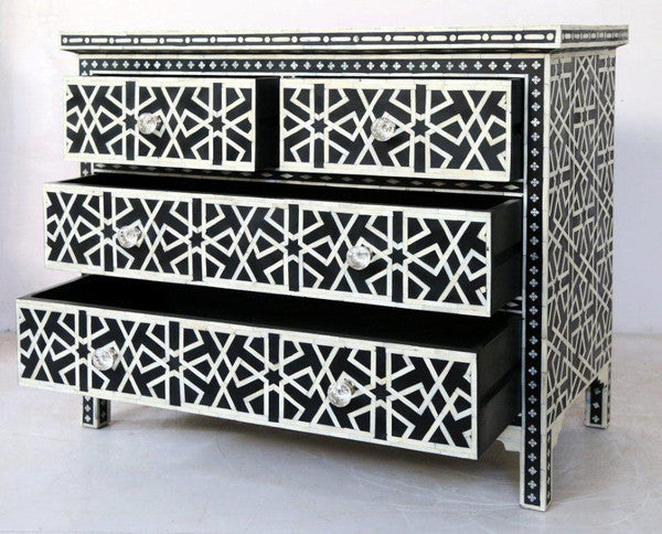 Black Bone Inlay Chest Of 4 Drawer Star Geometrical Design
