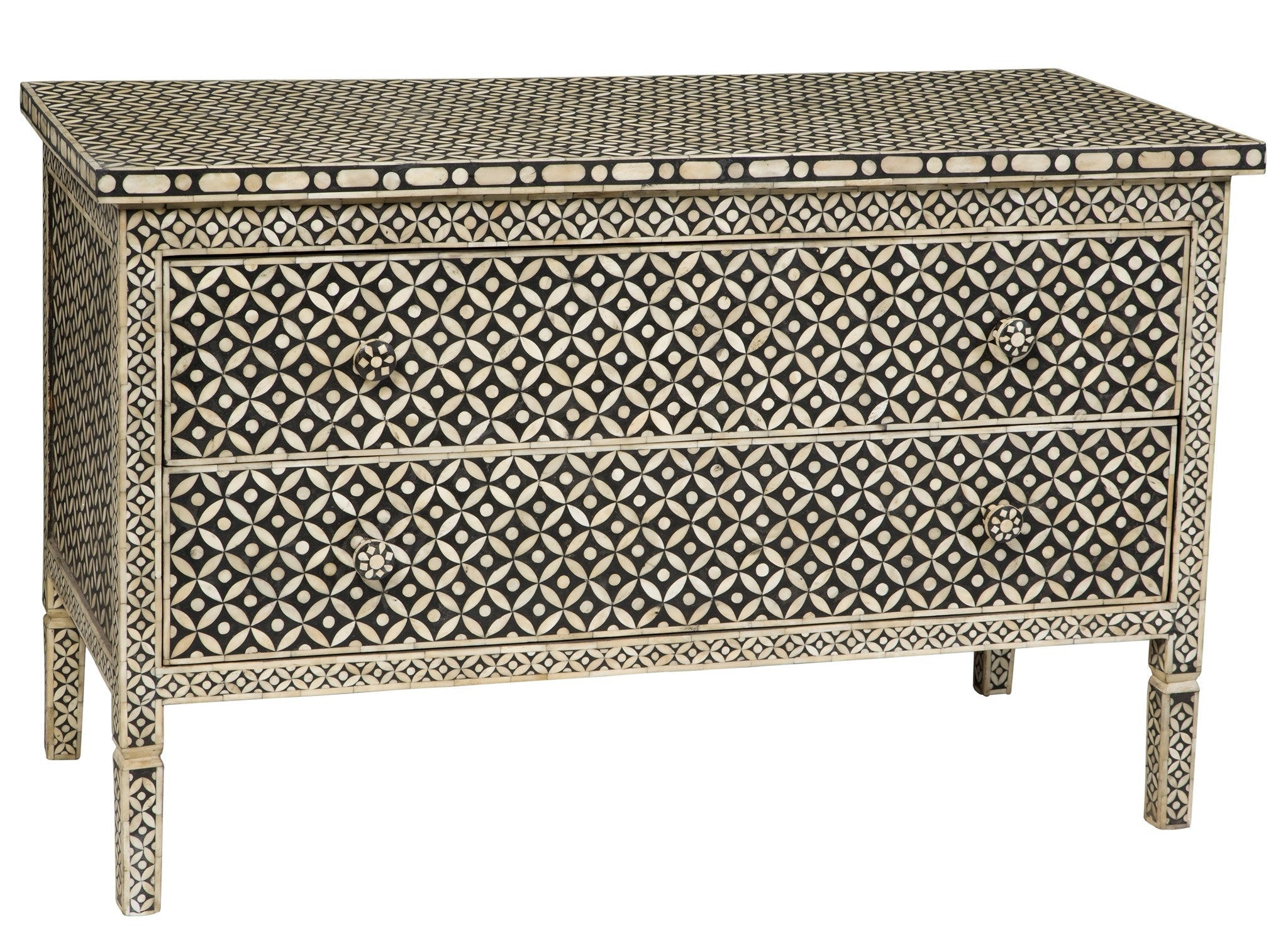 Bone Inlay 2 Drawer Chest Large Geometric Design Black 1