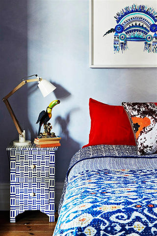 Bone Inlay Bedside 2 Drawer Cross Hatch in Dark Blue 1