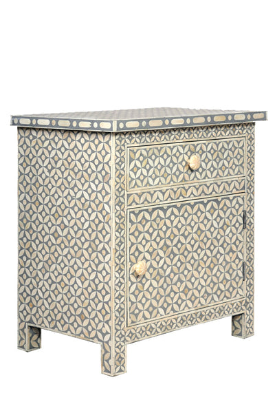 Bone Inlay Geometric Bedside 1 Drawer 1 Door Grey