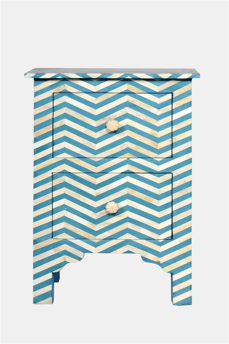 Bone Inlay Chevron Bedside 2 Drawer Aqua