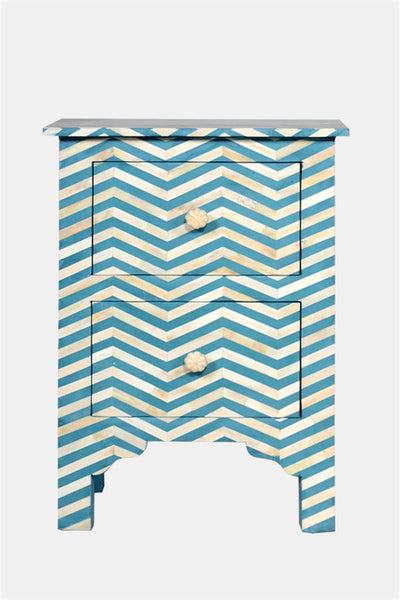 Bone Inlay Chevron Bedside 2 Drawer Aqua