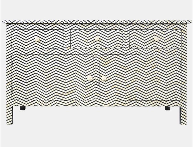 Bone Inlay Chevron Chest 3 Drawer 2 Door Cupboard Black