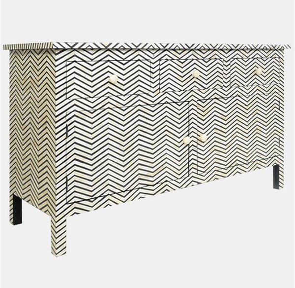 Bone Inlay Chevron Chest 3 Drawer 2 Door Cupboard Black