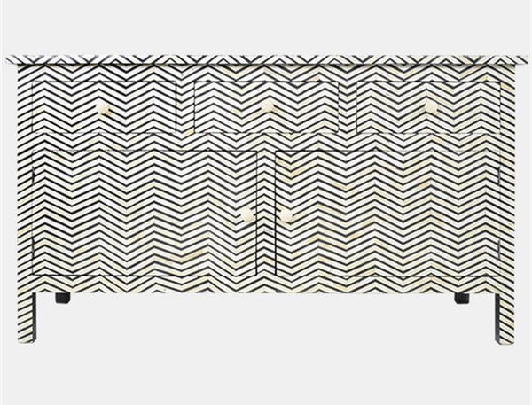 Bone Inlay Chevron Chest 3 Drawer 2 Door Cupboard Black