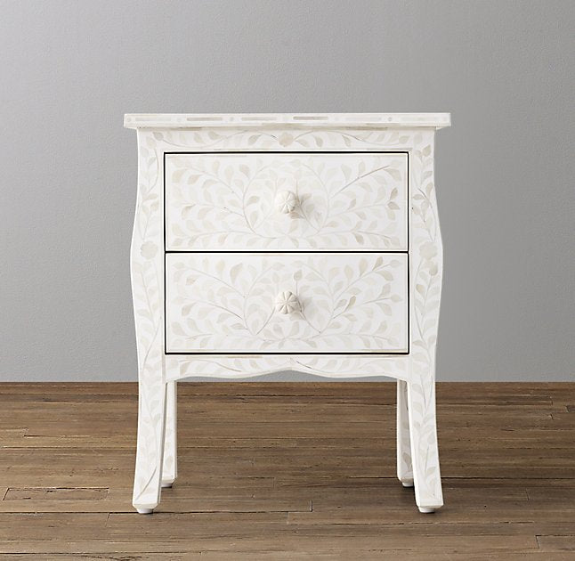 Bone Inlay Curved 2 Drawer Bedside Floral Design White 