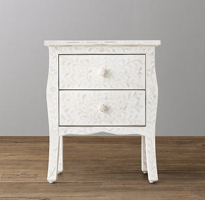 Bone Inlay Curved 2 Drawer Bedside Floral Design White 