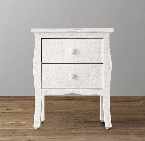 Bone Inlay Curved 2 Drawer Bedside Floral Design White 