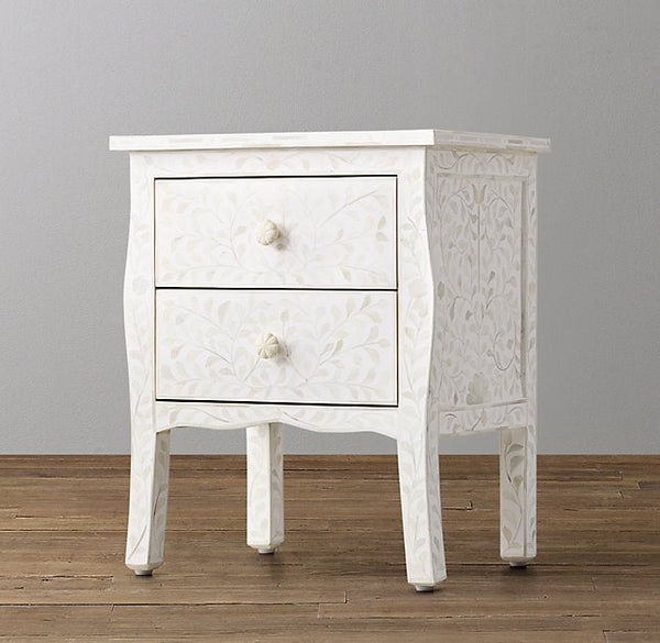 Bone Inlay Curved 2 Drawer Bedside Floral Design White 