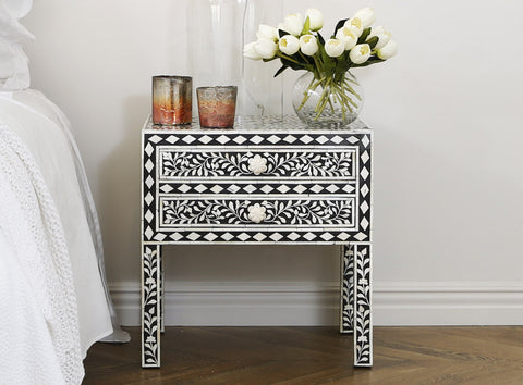 Black Bone Inlay 2 Drawer Bedside Table Long Leg 1