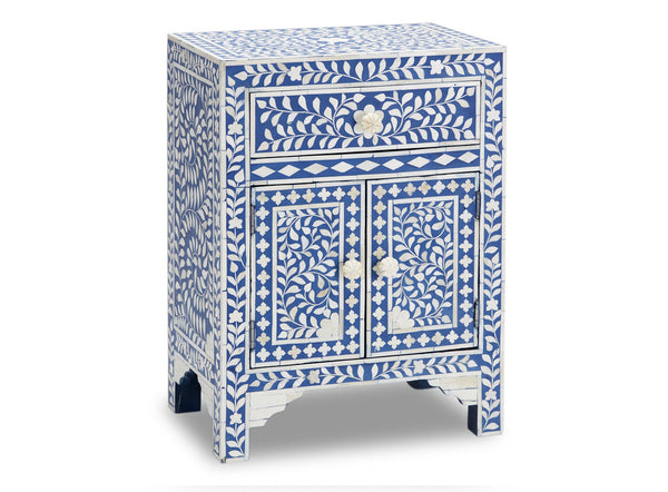 Bone Inlay Floral One Drawer Two Door Bedside Table Blue 3