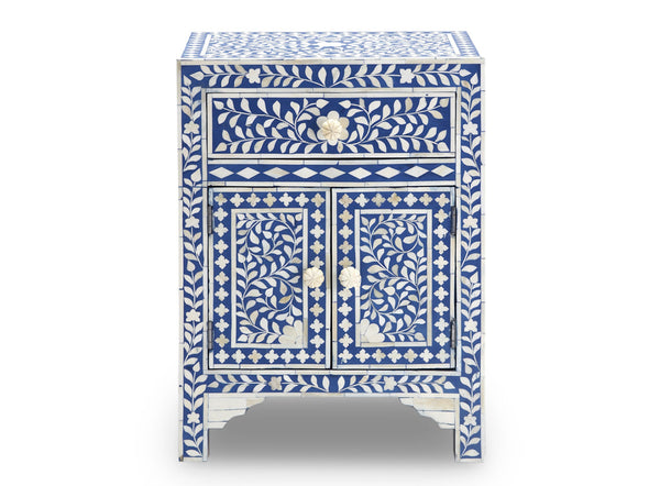 Bone Inlay Floral One Drawer Two Door Bedside Table Blue 2