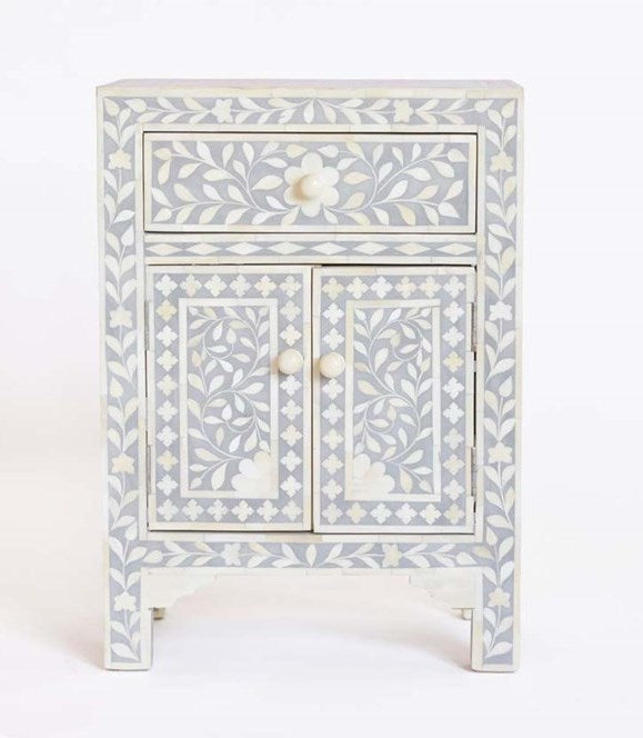 Bone Inlay Floral One Drawer Two Door Bedside Table Grey 1