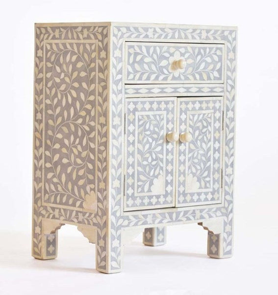 Bone Inlay Floral One Drawer Two Door Bedside Table Grey 2
