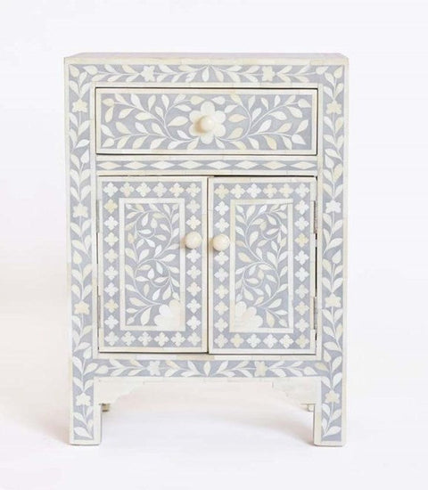 Bone Inlay Floral One Drawer Two Door Bedside Table Grey 1