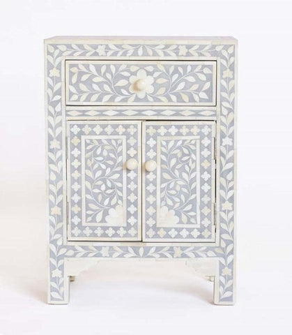 Bone Inlay Floral One Drawer Two Door Bedside Table Grey 1