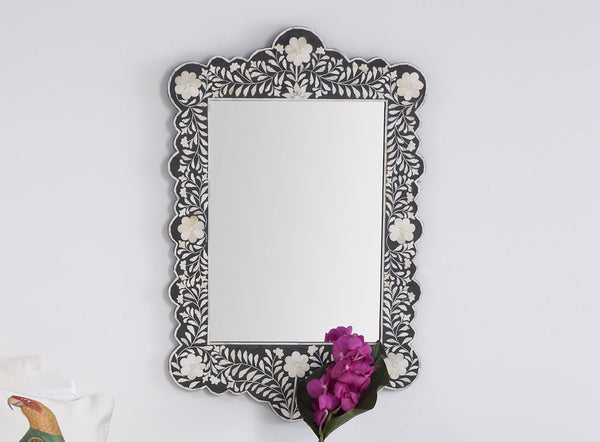 Bone Inlay Floral Scalloped Mirror Black