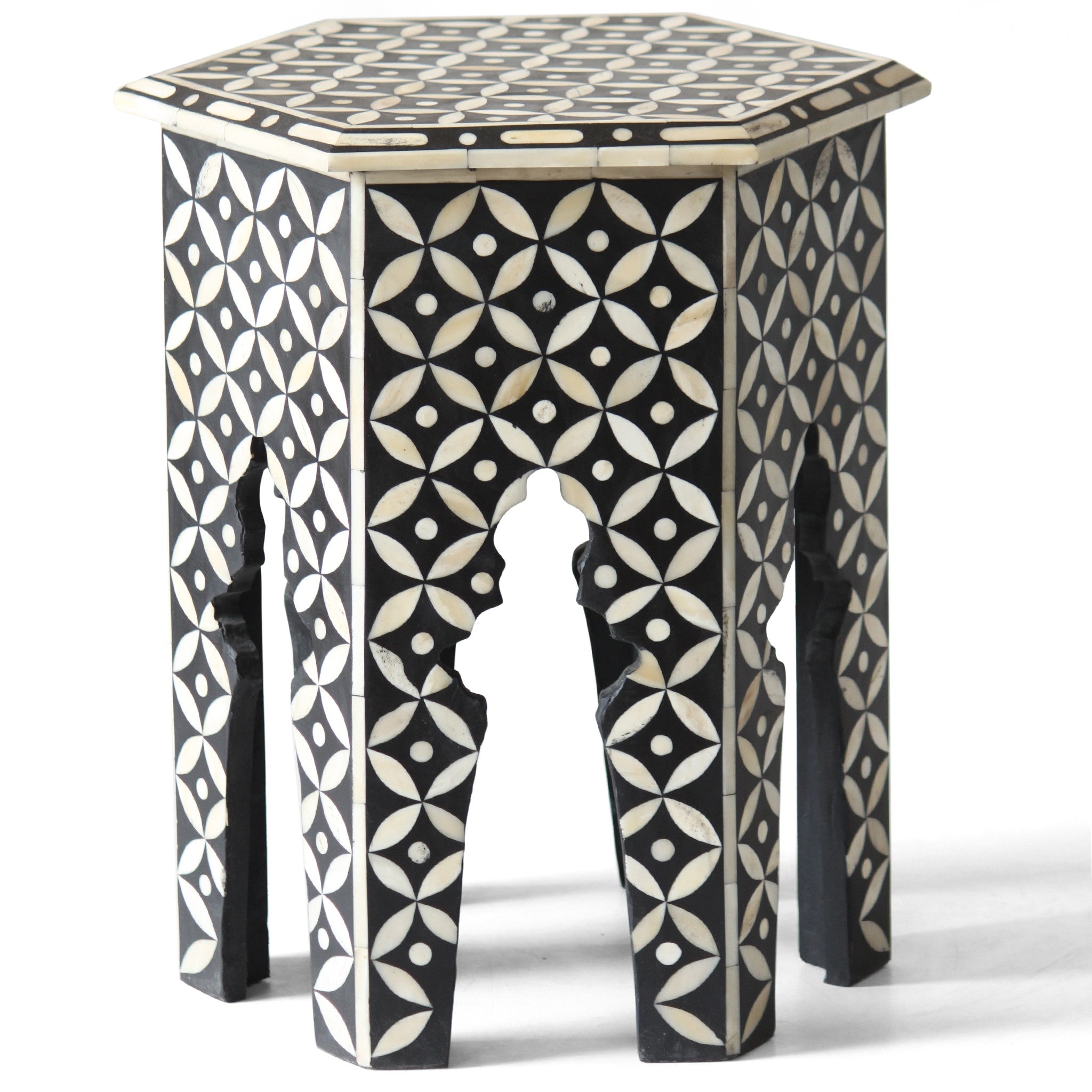 Bone Inlay Geometric Design Hexagonal Table Black