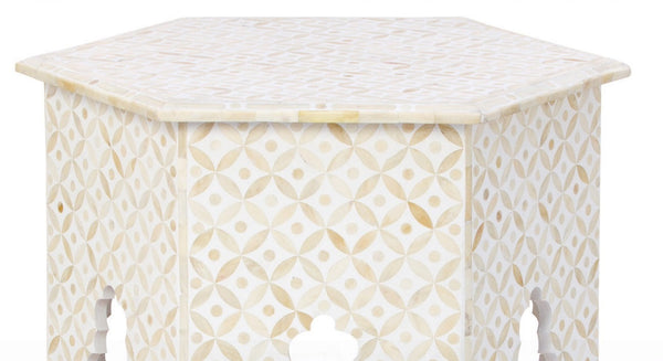 Bone Inlay Geometric Design Hexagonal Table White