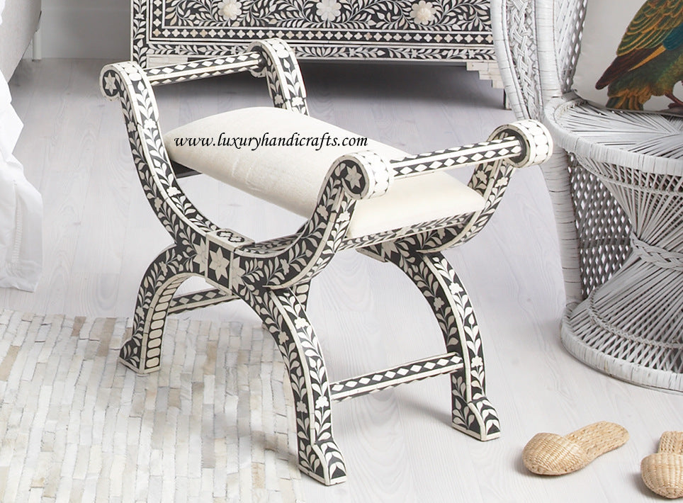 Bone Inlay Jenny Stool Floral Design Black
