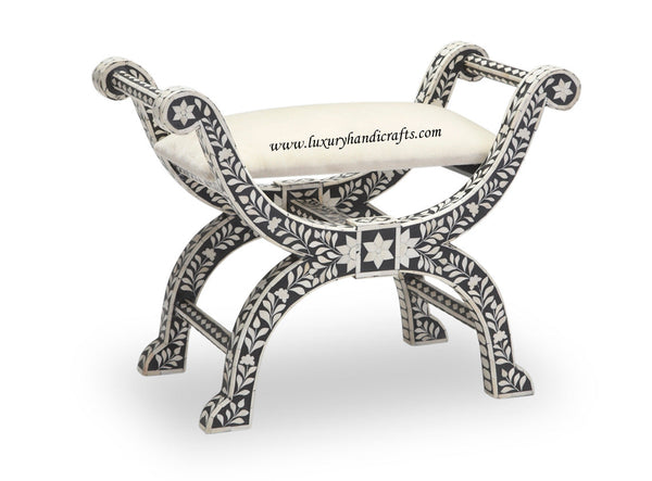 Bone Inlay Jenny Stool Floral Design Black
