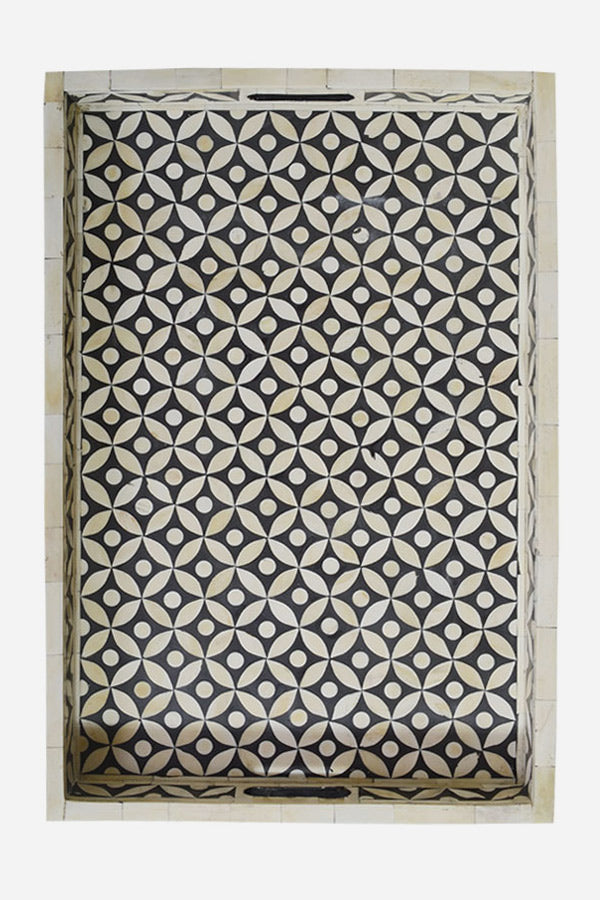Black Bone Inlay Tray In Geometric Design Black