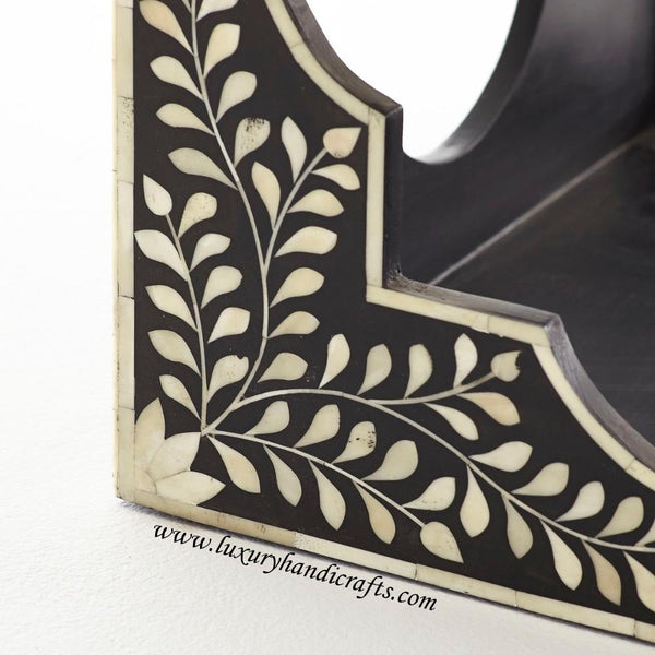 Bone Inlaid Quatrefoil Side Table Floral Design Black
