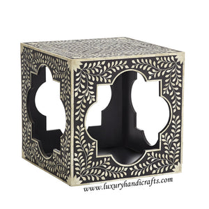 Bone Inlaid Quatrefoil Side Table Floral Design Black