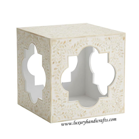 Bone Inlaid Quatrefoil Side Table Floral Design White