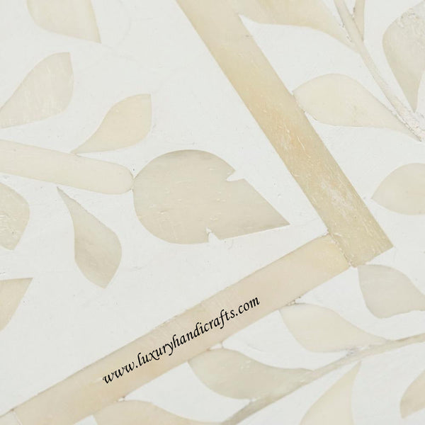 Bone Inlaid Quatrefoil Side Table Floral Design White 5