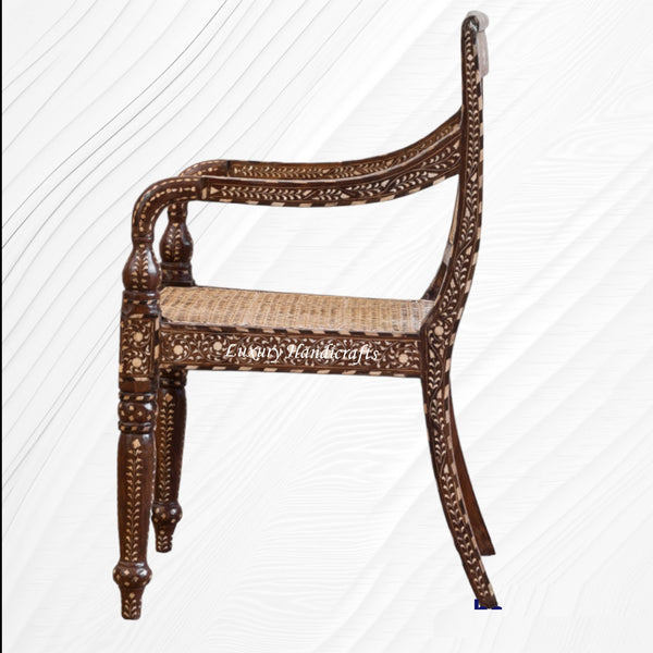 Bone Inlaid Cane Teakwood Chair