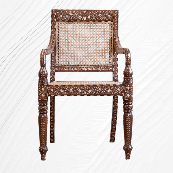 Bone Inlaid Cane Teakwood Chair
