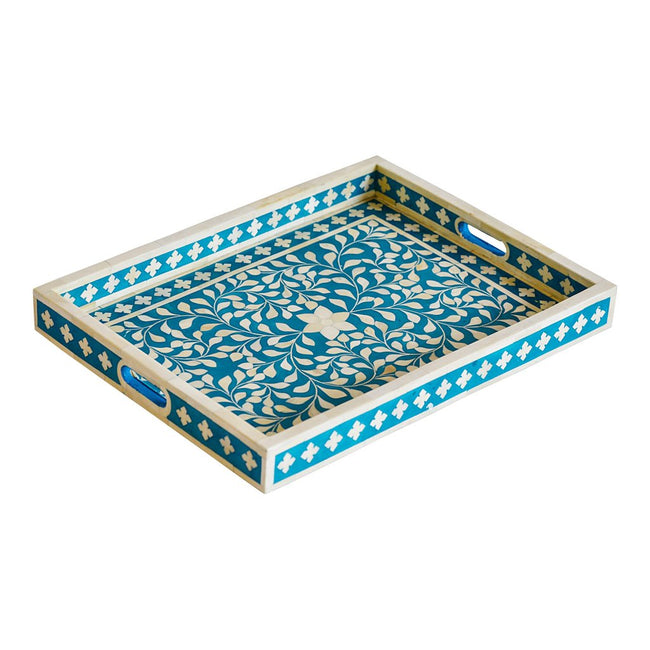 Turquoise Bone Inlaid Rectangular Tray Floral Design 