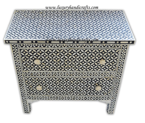 Black Bone Inlay 2 Drawer Geometric Bedside Large