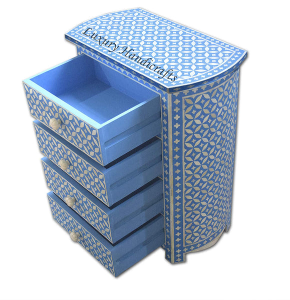 Bone Inlay 4 Drawer Geometric Bedside Blue