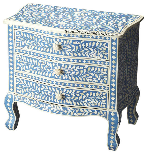 Bone Inlay Accent Chest Three Drawer Curved Leg Blue