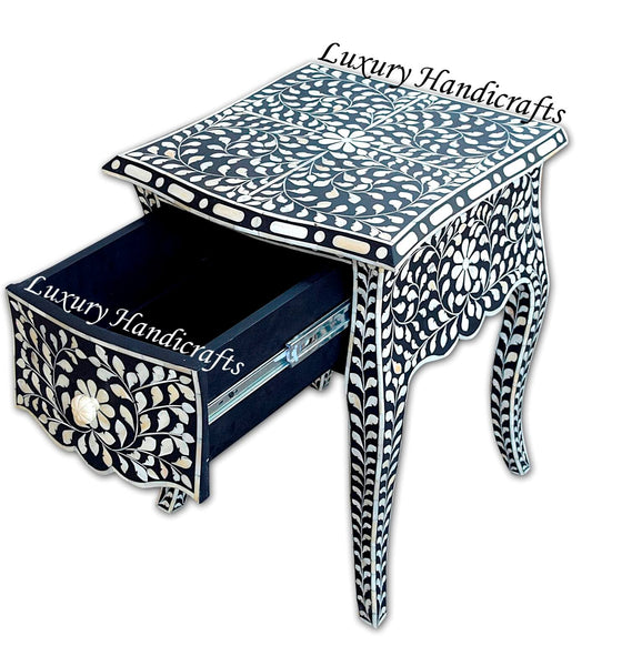 Bone Inlay Bedside 1 Drawer French Legs Floral Design Black