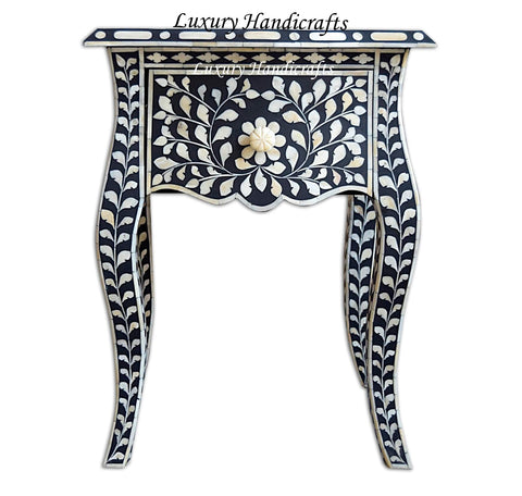 Bone Inlay Bedside 1 Drawer French Legs Floral Design Black 1