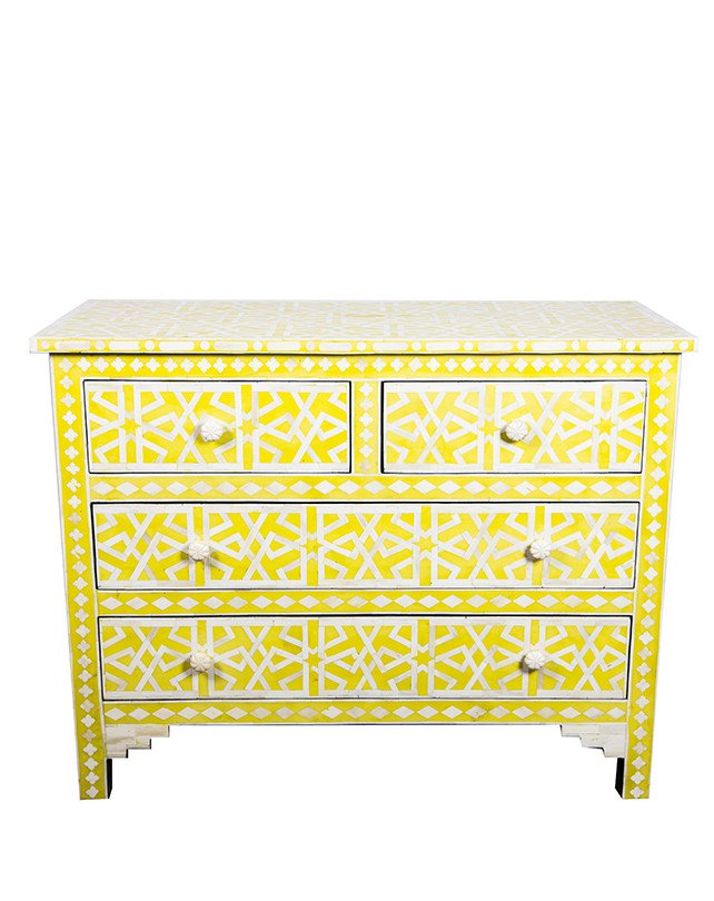 Yellow Bone Inlay Chest Of 4 Drawer Star Geometrical Design