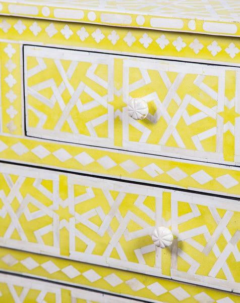 Yellow Bone Inlay Chest Of 4 Drawer Star Geometrical Design