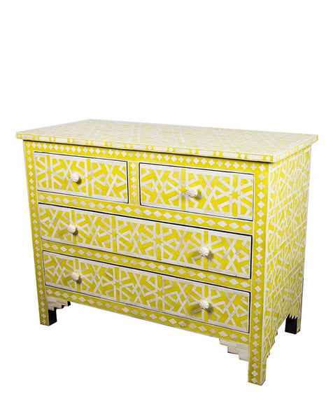 Yellow Bone Inlay Chest Of 4 Drawer Star Geometrical Design