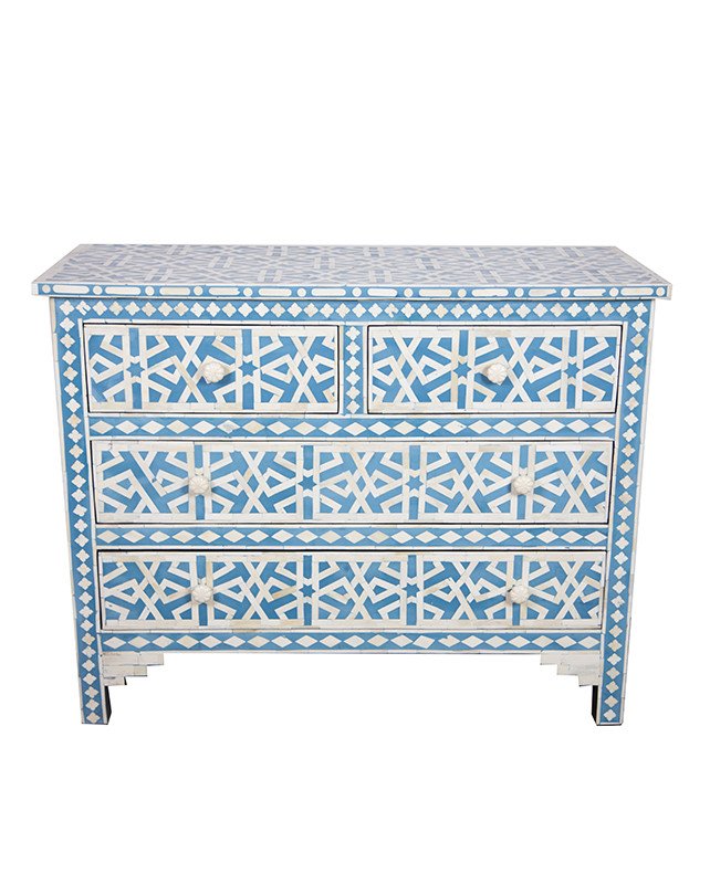 Blue Bone Inlay Chest Of 4 Drawer Star Geometrical Design