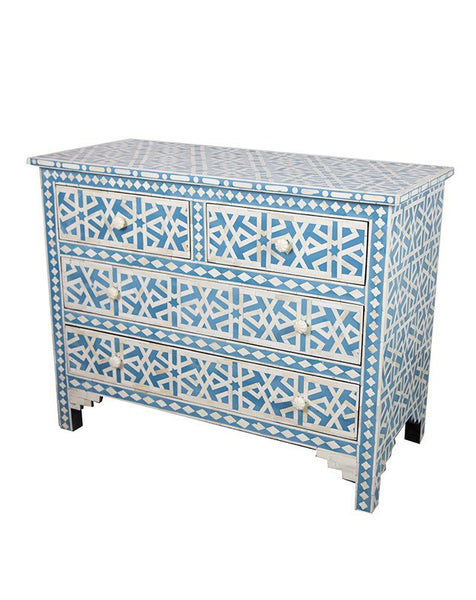 Blue Bone Inlay Chest Of 4 Drawer Star Geometrical Design