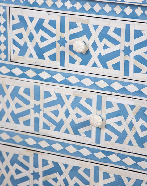 Blue Bone Inlay Chest Of 4 Drawer Star Geometrical Design