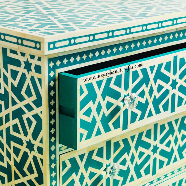 Green Bone Inlay Chest Of 3 Drawer Star Geometrical Design