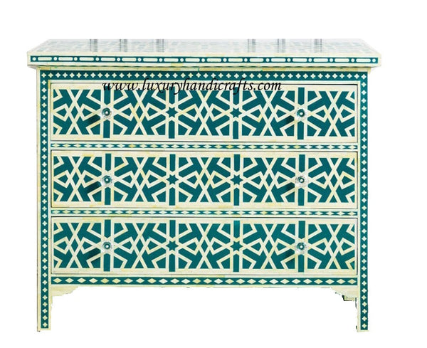 Green Bone Inlay Chest Of 3 Drawer Star Geometrical Design