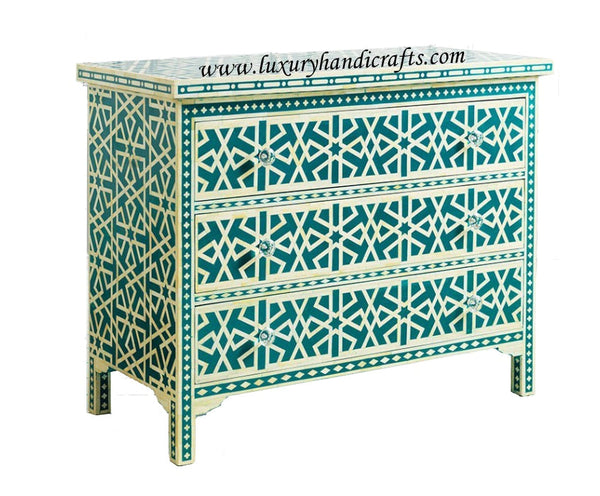 Green Bone Inlay Chest Of 3 Drawer Star Geometrical Design