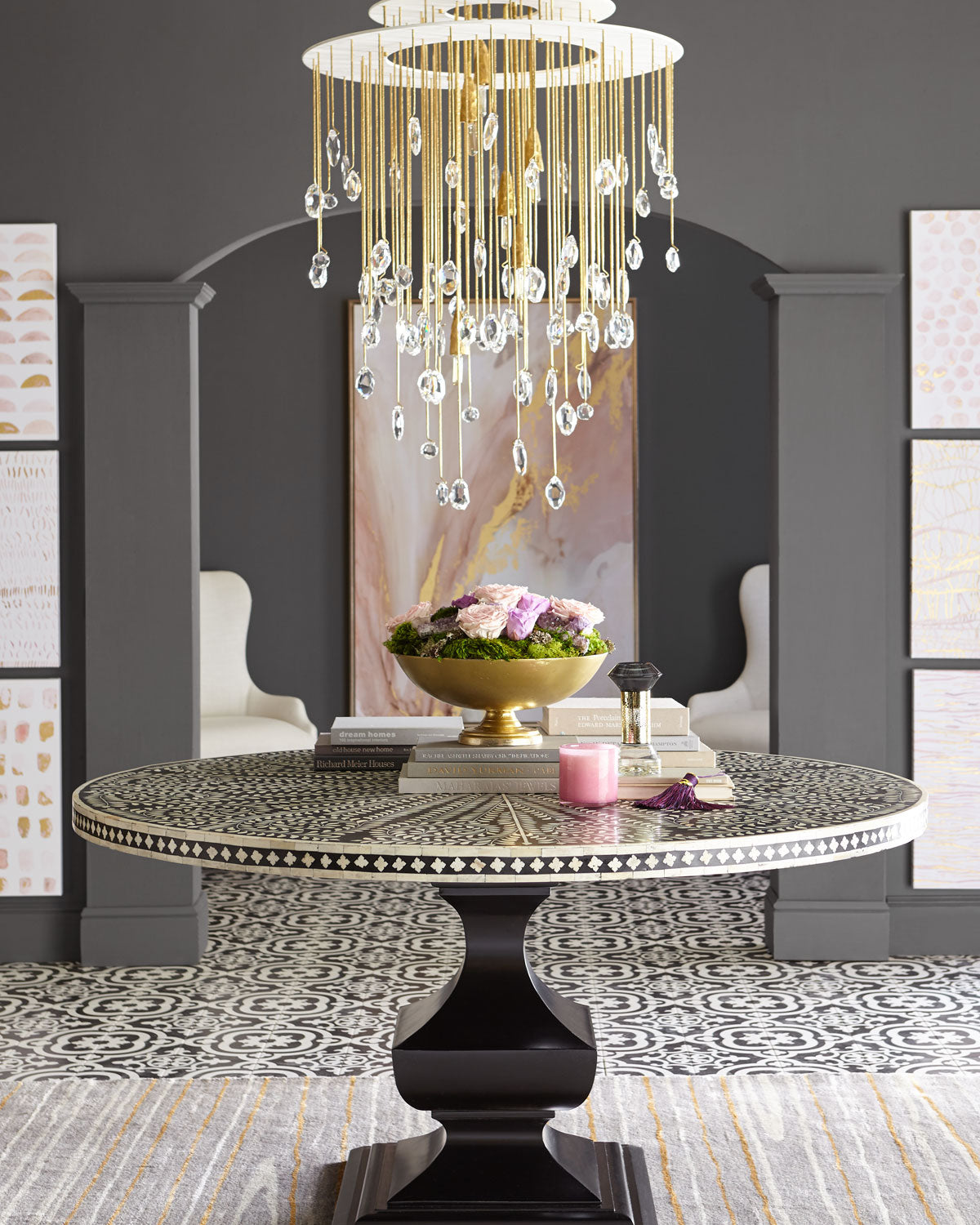 Bone Inlay Round Floral Dining Table Black