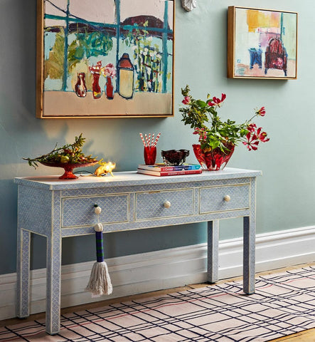 Ice Blue Bone Inlay Fishscale Console 3 Drawer 1
